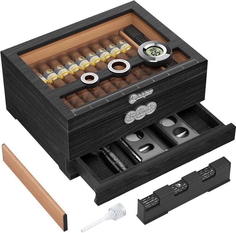 LIHTUN Cigar Humidor, Glass Top Desktop Humidor Box, Cigar Gifts for Men, Cedar Wood Cigars Case with Digital Hygrometer, Humidifier, Measuring Scale and Cigars Accessories Drawer - Image 1